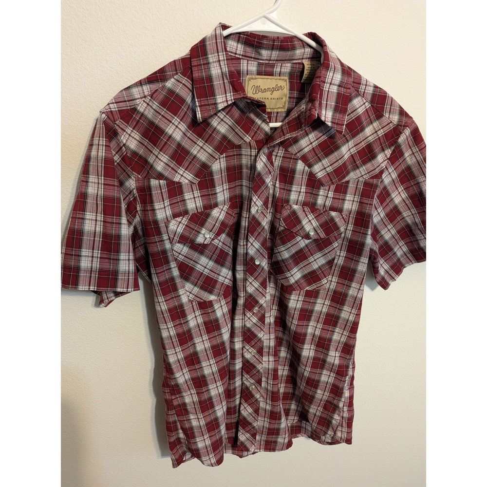 Wrangler Mens Red Plaid Short Sleeve Western Pearl Snap Shirt Medium